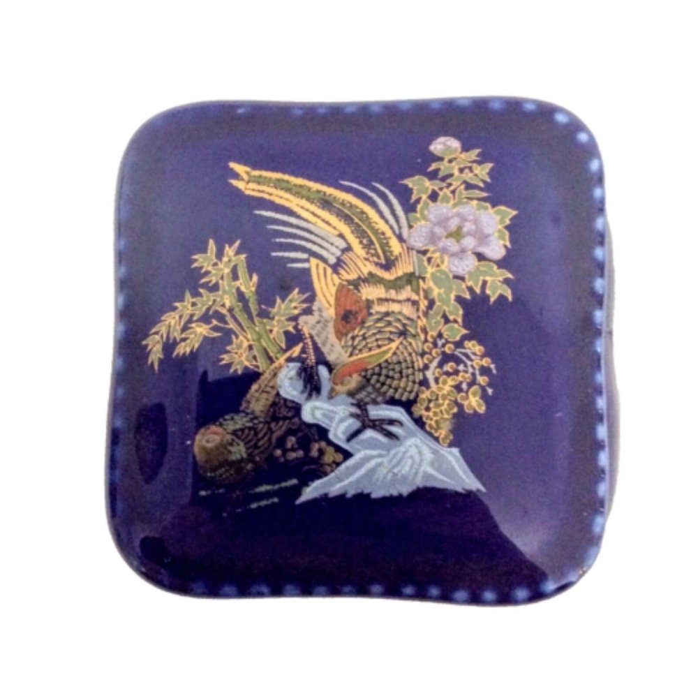 Ceramic Trinket Box Cobalt Blue with Bird Outdoors